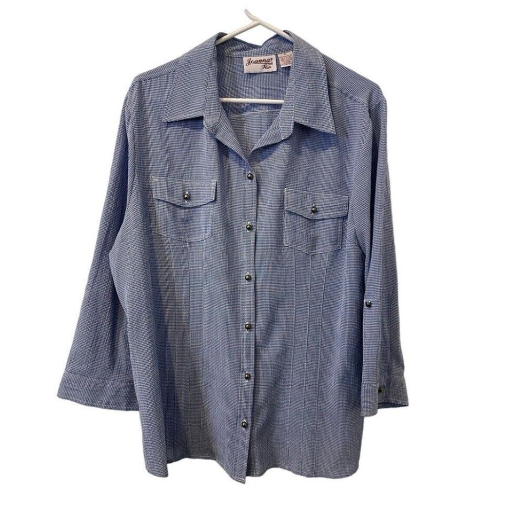 Joanna Plus Blue Houndstooth Blouse Button Front Roll Tab Sleeve 1X